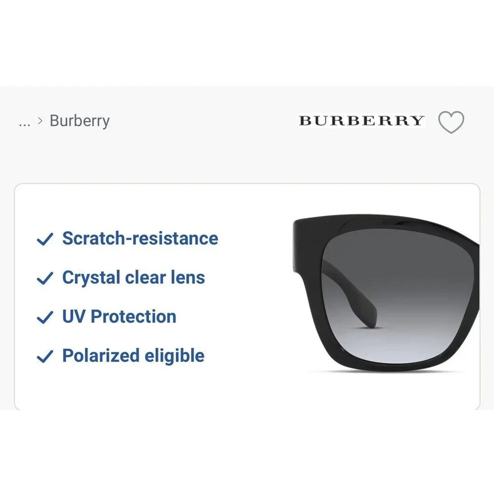 Burberry 4345 Ruth Black Plastic Frame Gray Tinted Lenses Sunglasses NWT $281